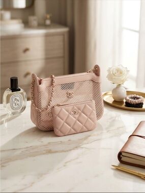 Blush Pink Mesh Shoulder/Crossbody With Quilted Pouch and adj chain